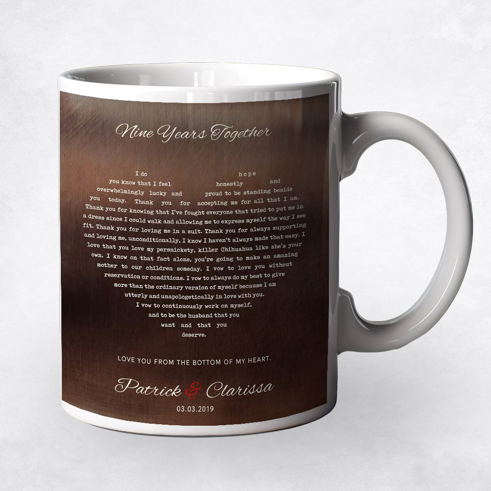 Closeup image of Song Lyrics in heart Bronze 9th anniversary Coffee Mug M-1787