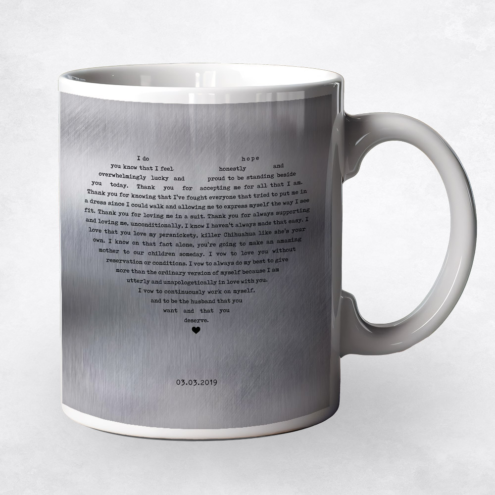 Closeup image of Song Lyrics in heart Tin 10th anniversary Coffee Mug M-1792