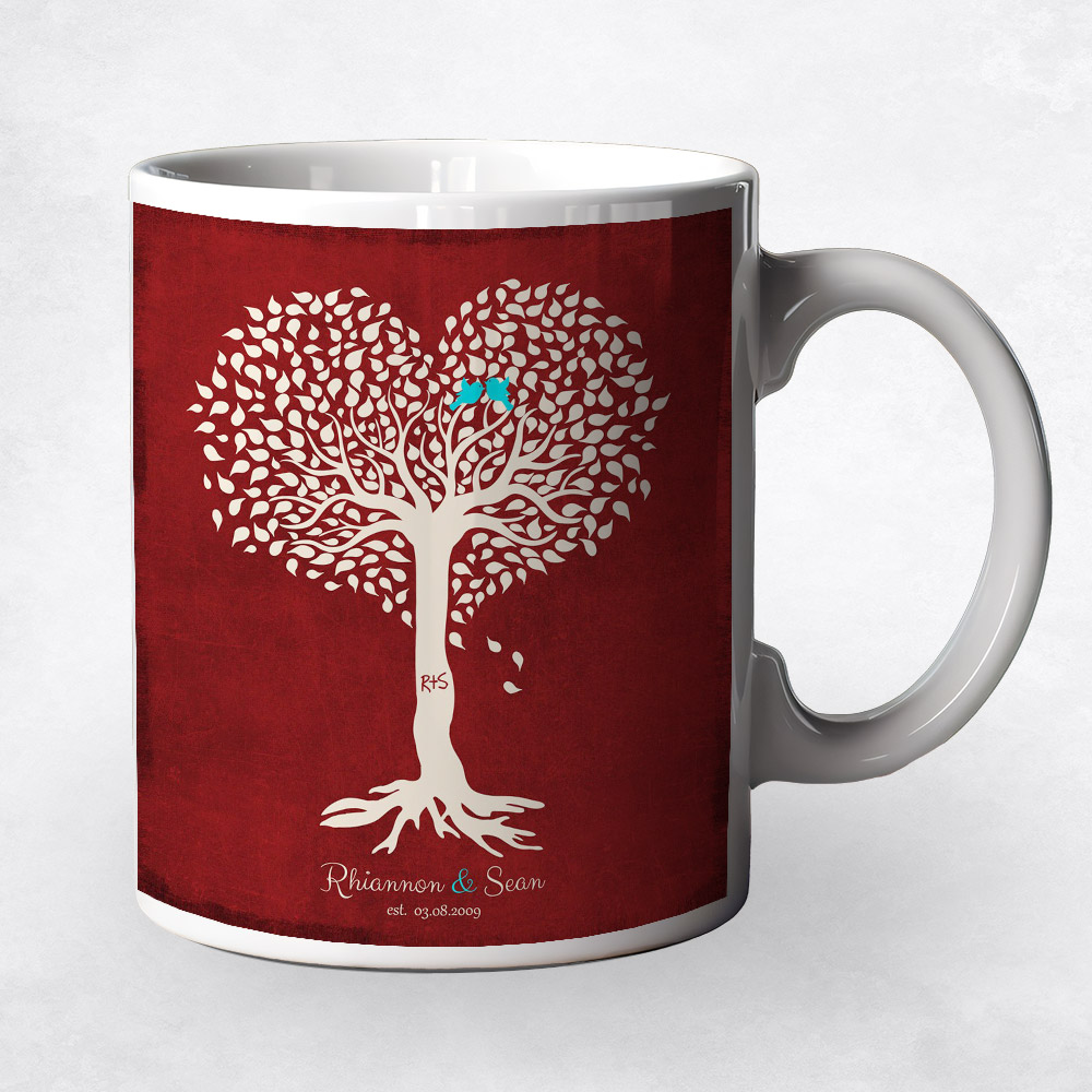 Closeup image of Valentine Standing Tall Heart Shape Tree with Roots Red Tin Valentine's Day Coffee Mug M-1812