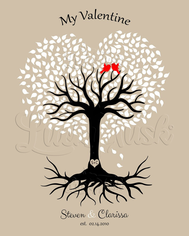 Heart Shape Valentine Tree Red Love Birds on White and Black Valentine's Day Wall Plaque LTC-1816