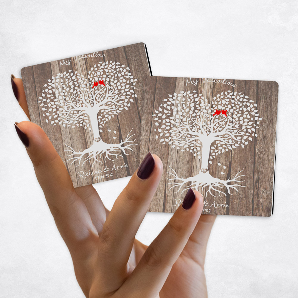 Close up picture of 5th Valentine's Day White Heart Shape Tree on Wood Magnet Set MAG-1818