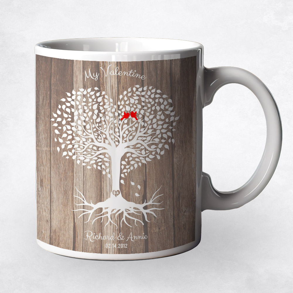 Closeup image of White Heart Shape Tree Wood 5th Valentine's Day Coffee Mug M-1818