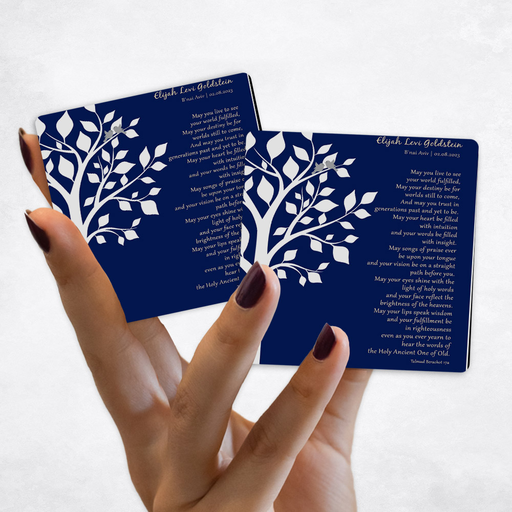 Close up picture of Faith Milestones Modern Tree Blue and White Magnet Set MAG-1832