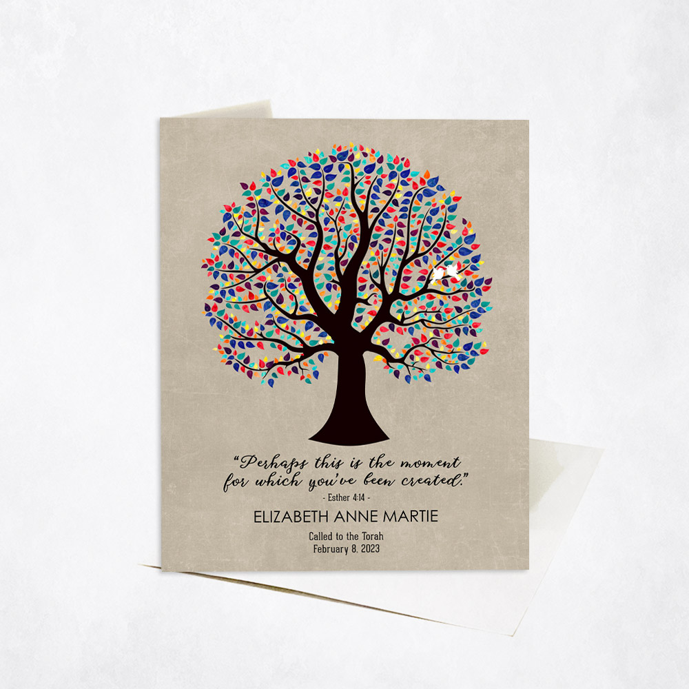 Picture of Bat Mitzvah Colorful Tree Esther 4:14 Called to the Torah Faith Milestones Stationery Card C-1833