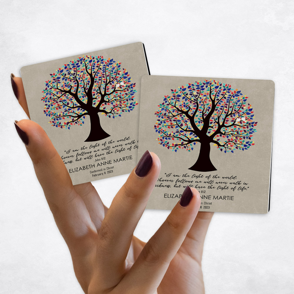 Close up picture of Faith Milestones Colorful Decorative Tree on Stone Magnet Set MAG-1834