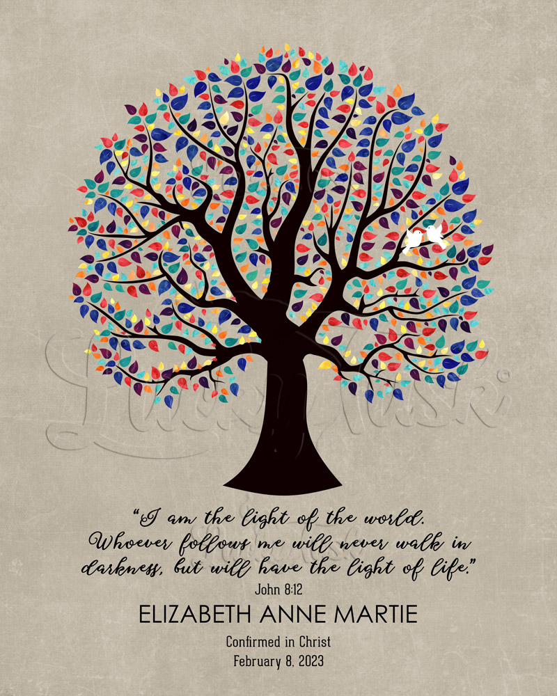 Colorful Confirmation Tree Light of the World Scripture John 8:12 on Stone First Communion Wall Plaque LTC-1834