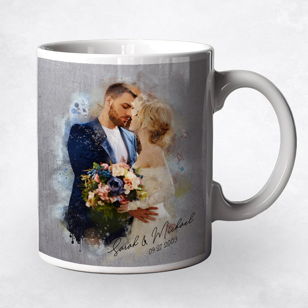 Closeup image of Watercolor Couple Portrait Tin 10th anniversary Coffee Mug M-1836