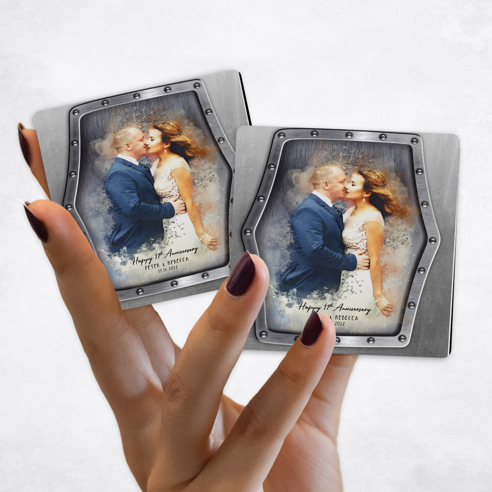 Close up picture of 11th anniversary Watercolor Couple Portrait on Steel Magnet Set MAG-1838