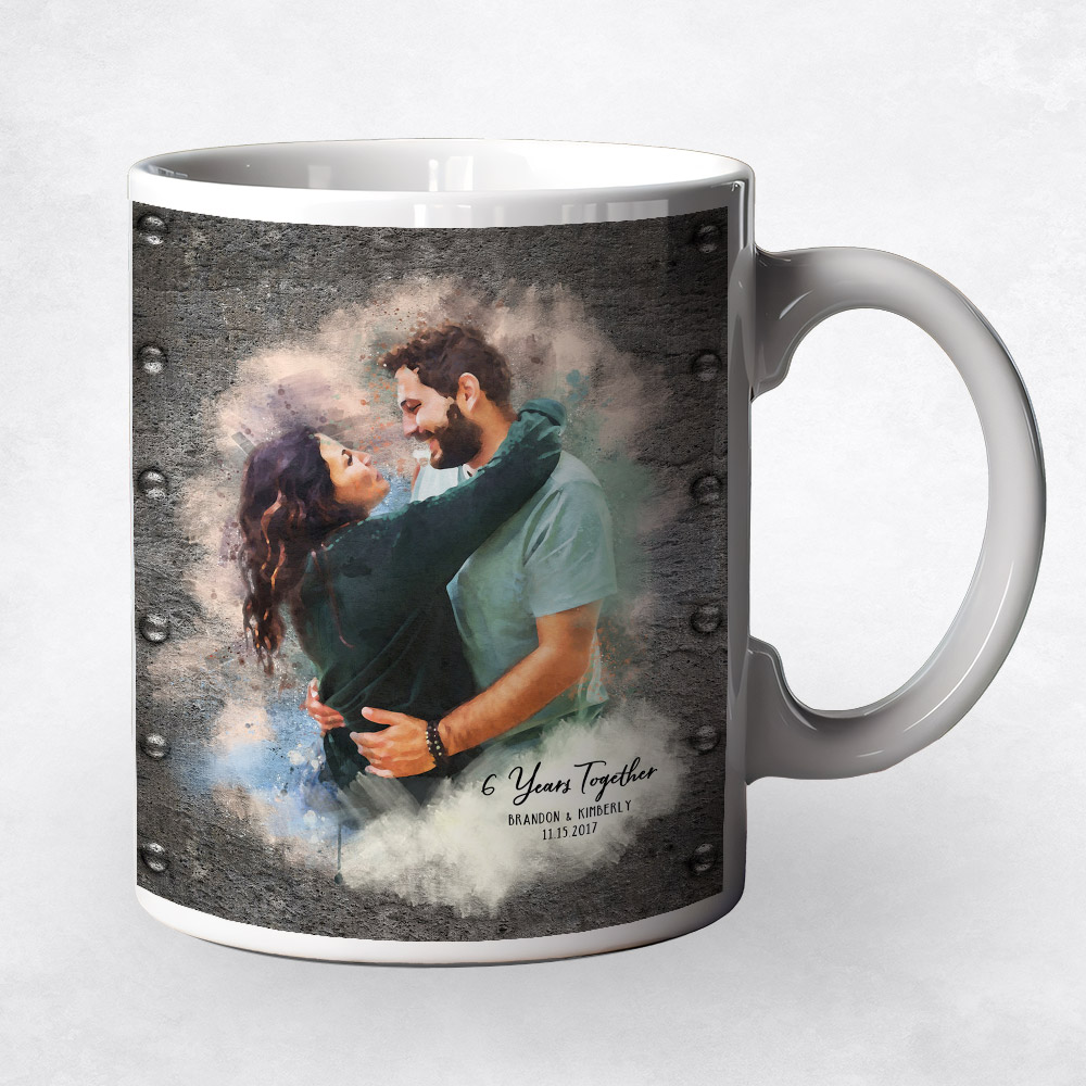 Closeup image of Watercolor Couple Portrait Iron 6th anniversary Coffee Mug M-1841