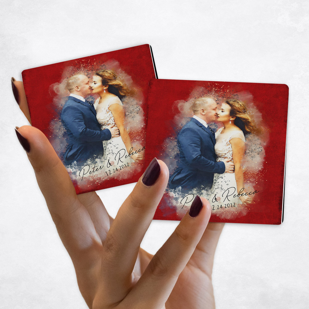 Close up picture of 40th anniversary Watercolor Couple Valentine Portrait on Ruby Red Magnet Set MAG-1842