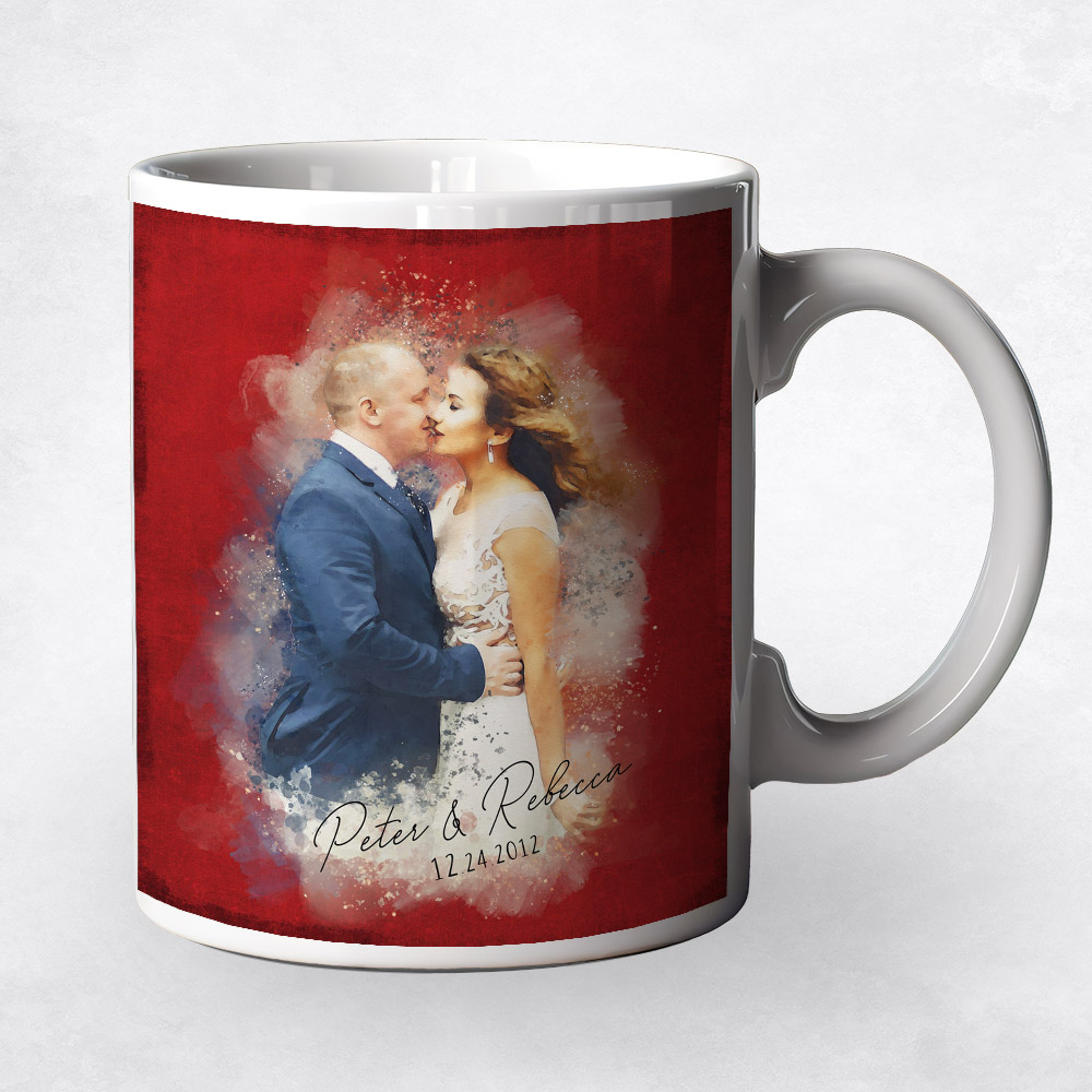 Closeup image of Watercolor Couple Valentine Portrait Red Tin 40th anniversary Coffee Mug M-1842