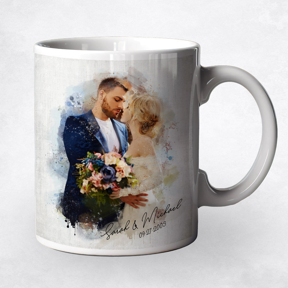 Closeup image of Watercolor Couple Portrait  1st anniversary Coffee Mug M-1843