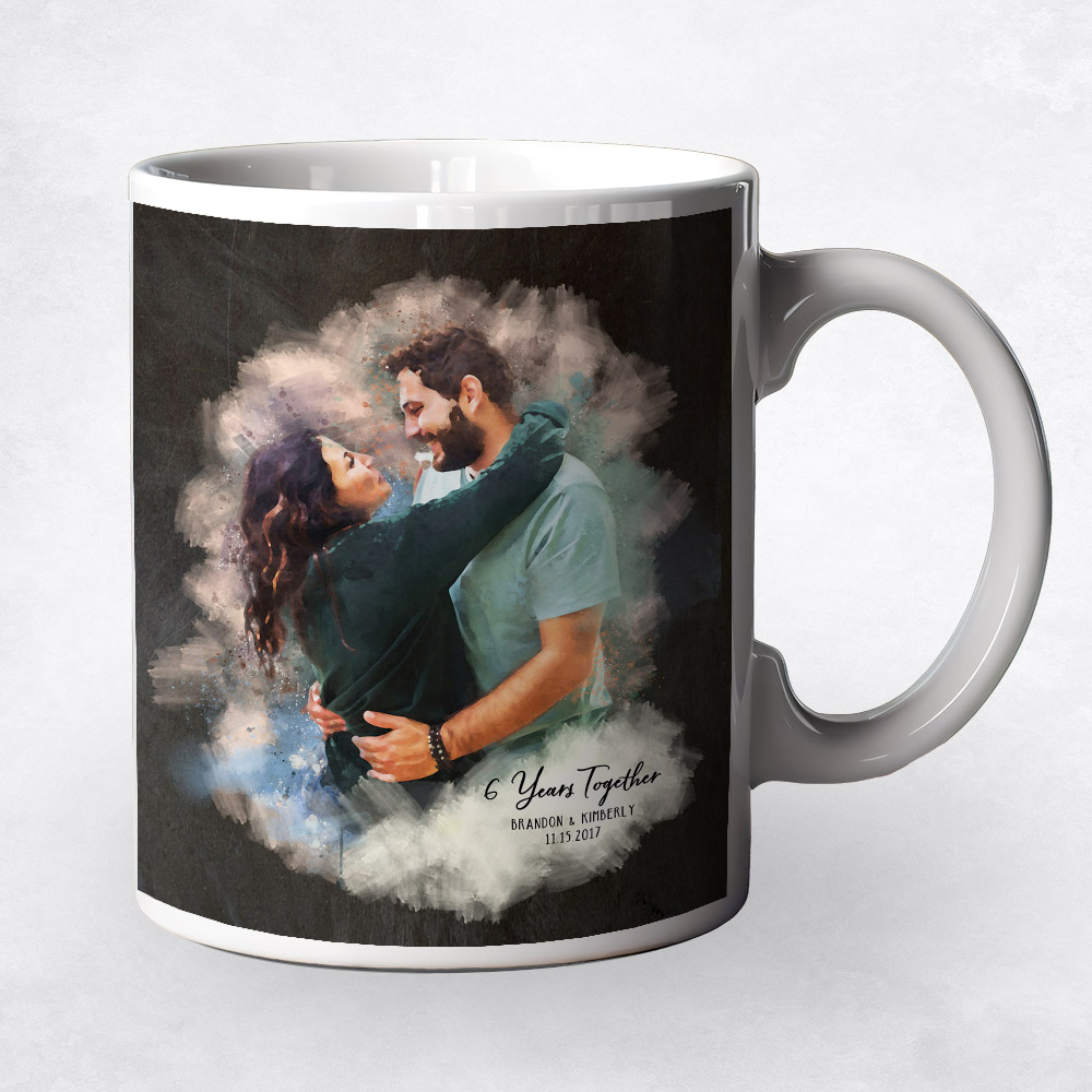 Closeup image of Watercolor Couple Portrait Iron 6th anniversary Coffee Mug M-1844