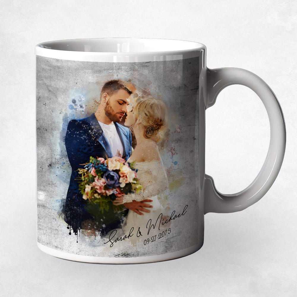 Closeup image of Watercolor Couple Portrait Tin 10th anniversary Coffee Mug M-1846