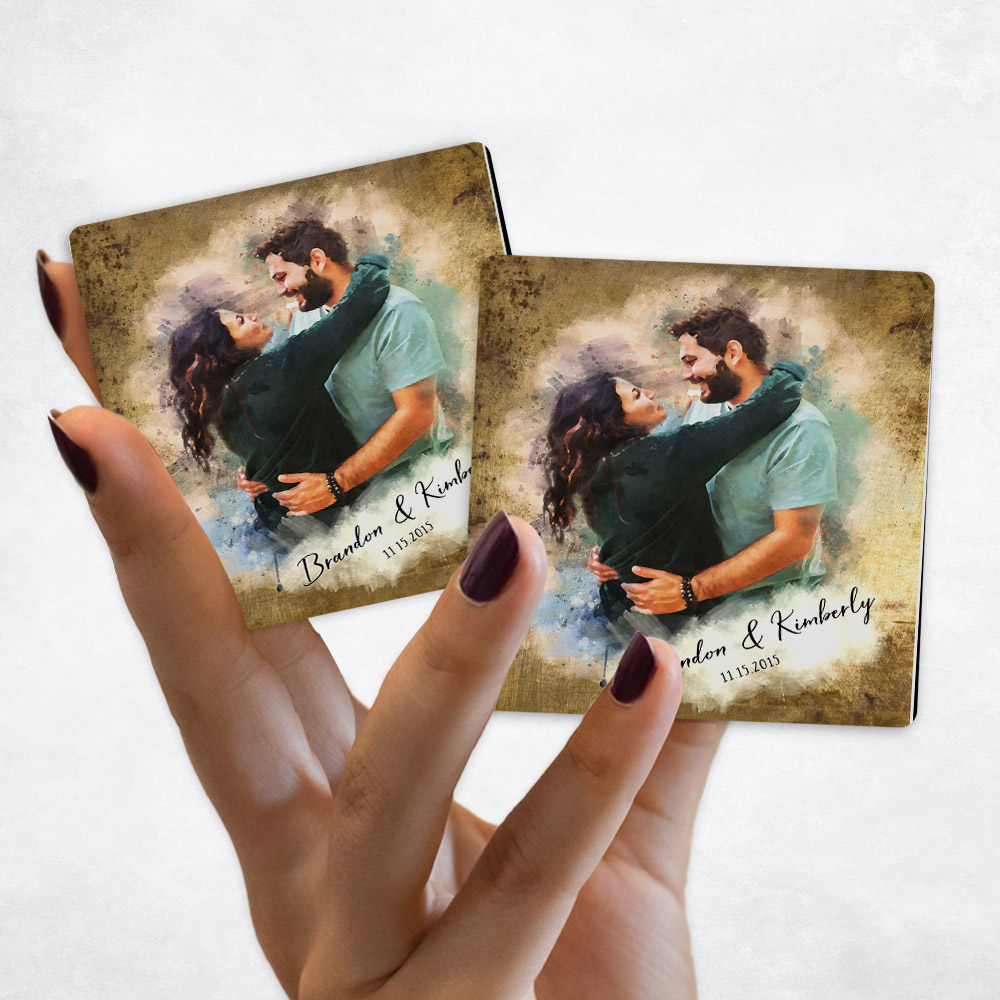 Close up picture of 8th anniversary Watercolor Couple Portrait on Brass Magnet Set MAG-1848