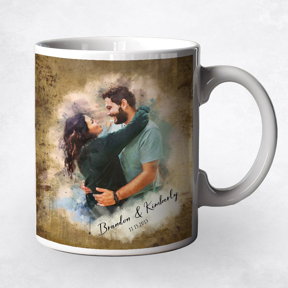 Closeup image of Watercolor Couple Portrait Brass 8th anniversary Coffee Mug M-1848