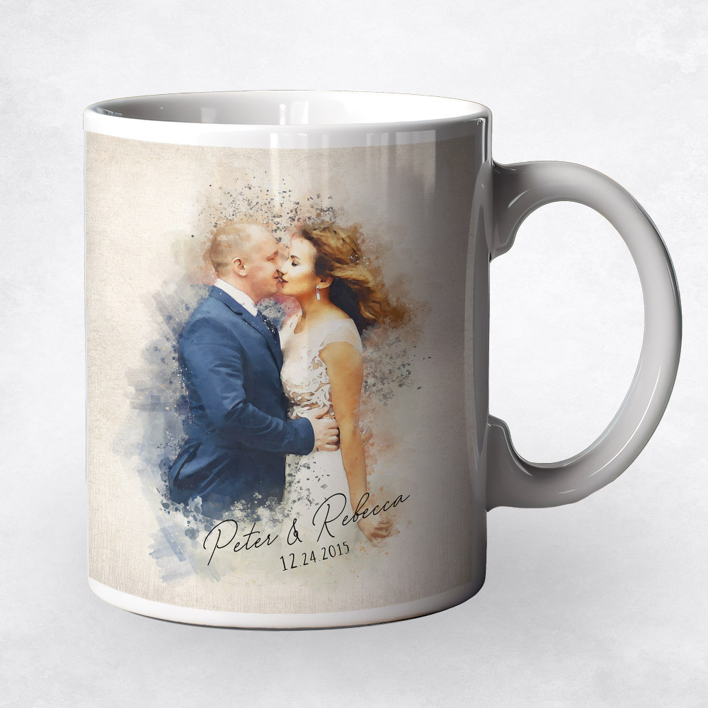 Closeup image of Watercolor Couple Portrait Cotton 2nd anniversary Coffee Mug M-1849