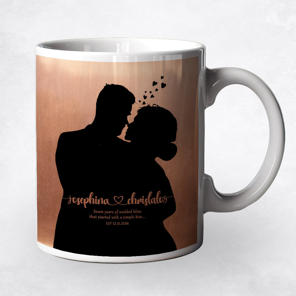 Closeup image of Custom Couple Silhouette Copper 7th anniversary Coffee Mug M-1858