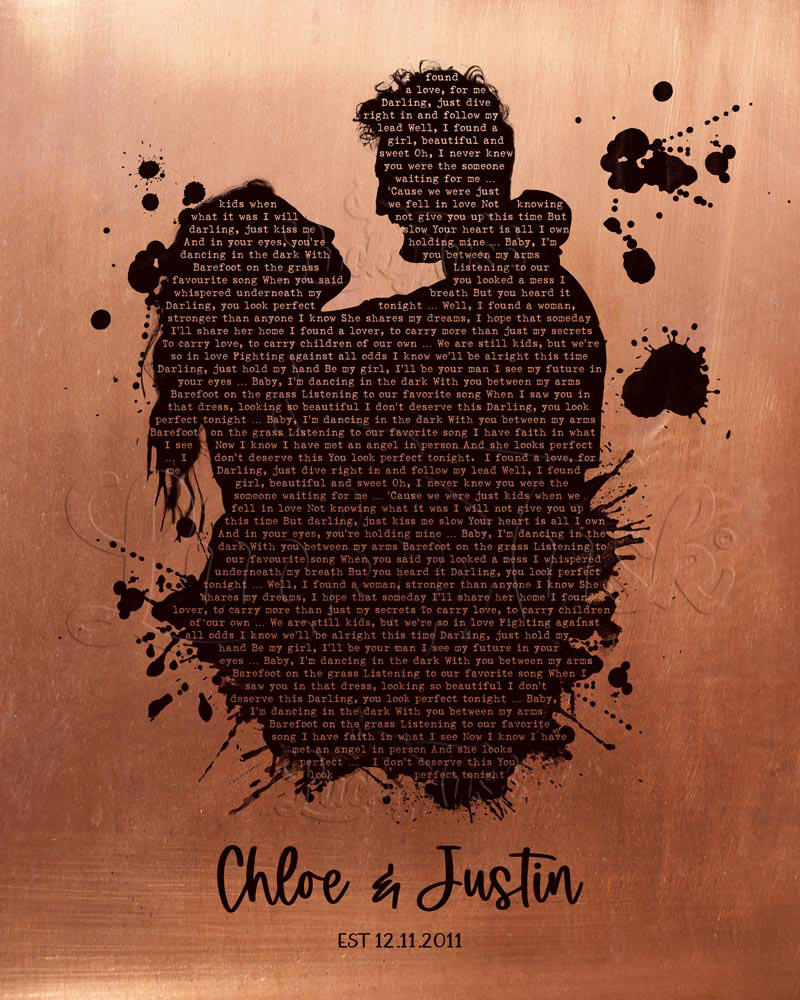 Custom Song Lyrics in Couple Silhouette From Photo on Copper 7th anniversary Wall Plaque LTC-1863