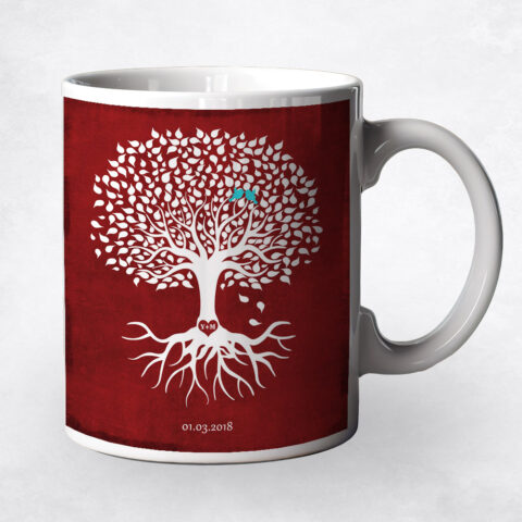 White Valentine Silhouette Tree Red Tin Valentine’s Day Coffee Mug M-1867