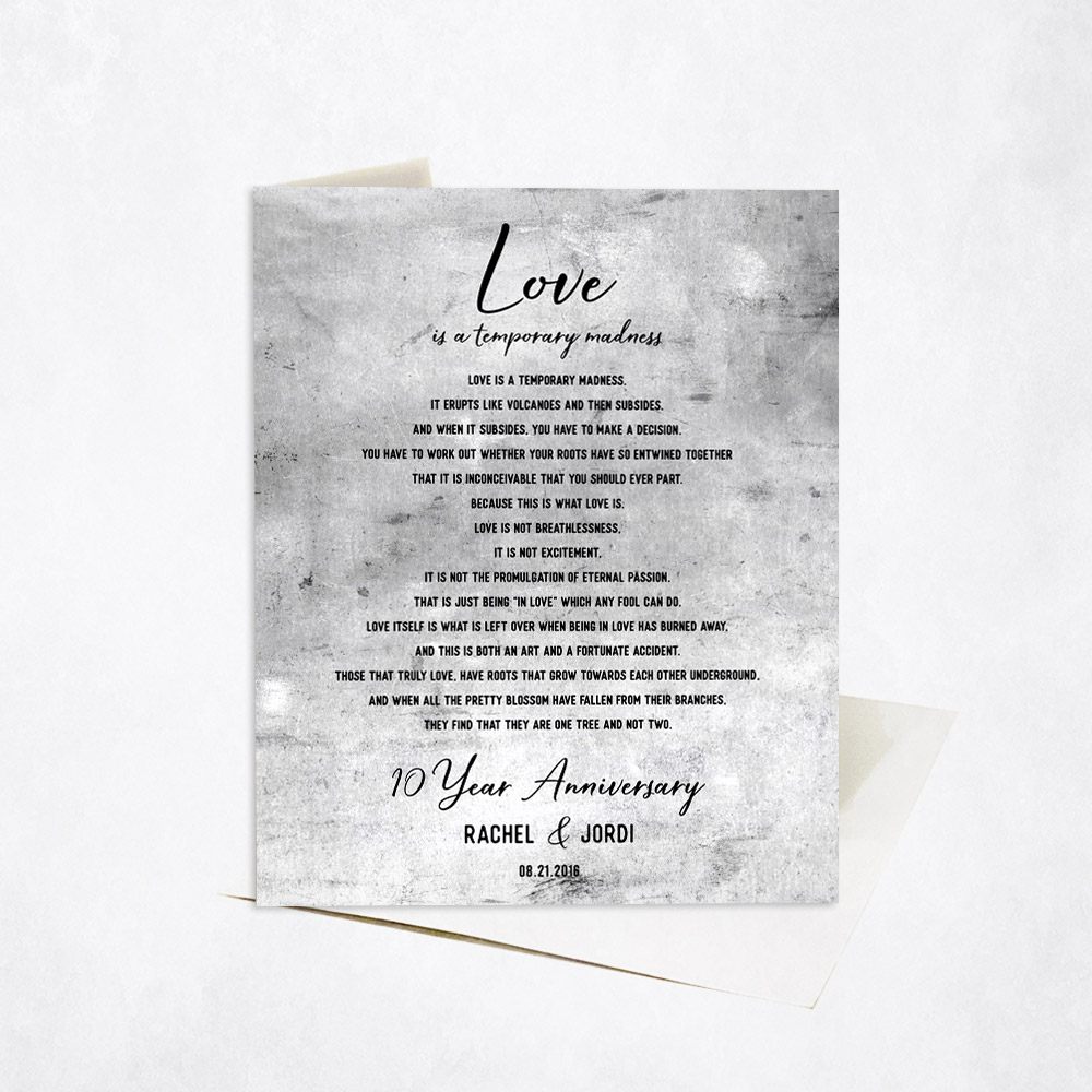 Picture of Wedding Song or Marriage Vows Written 10th anniversary Stationery Card C-1904