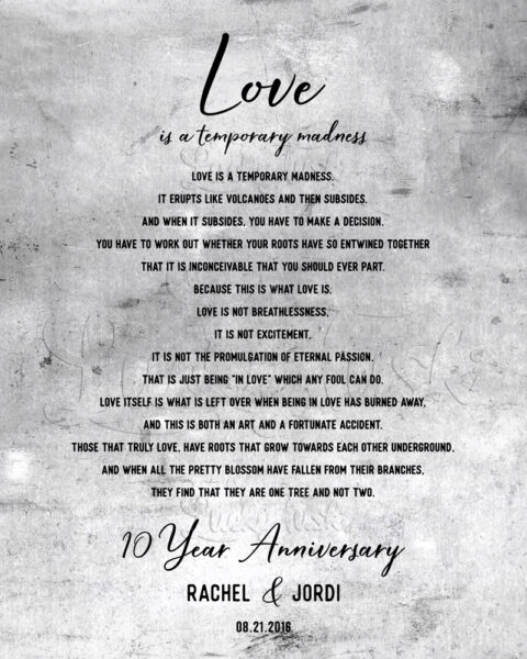 Wedding Reading on Tin for 10 Year Anniversary, Tin Gift, Love is a Temporary Madness, Personalized Couple Gift, 10th Anniversary, Ten Years #1904