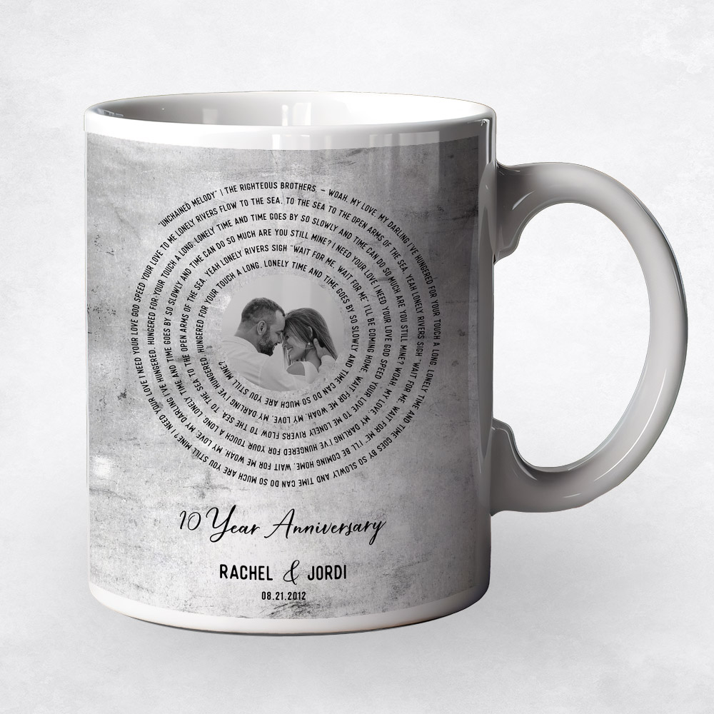 Closeup image of First Dance Lyrics Stanza Spiral Tarnished Tin 10th anniversary Coffee Mug M-1905