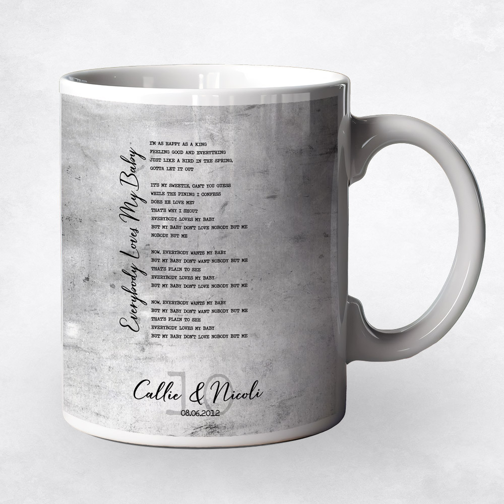 Closeup image of First Dance Song Title Year Number Tarnished Tin 10th anniversary Coffee Mug M-1906