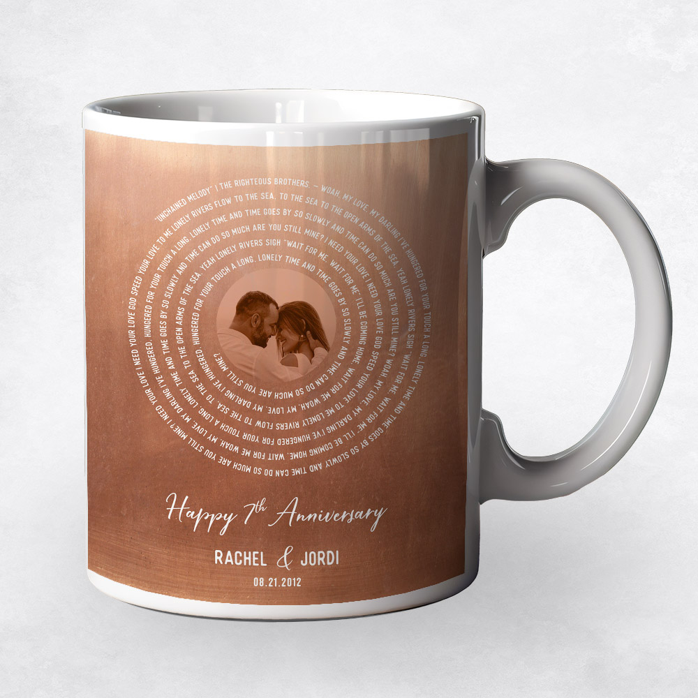 Closeup image of First Dance Lyrics Stanza Spiral Copper 7th anniversary Coffee Mug M-1908