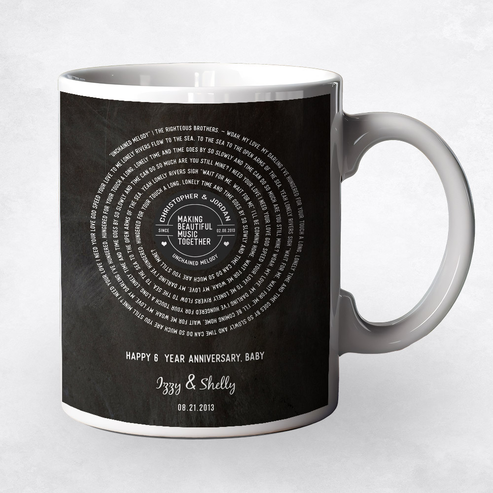 Closeup image of First Dance Lyrics Stanza Spiral Iron 6th anniversary Coffee Mug M-1911