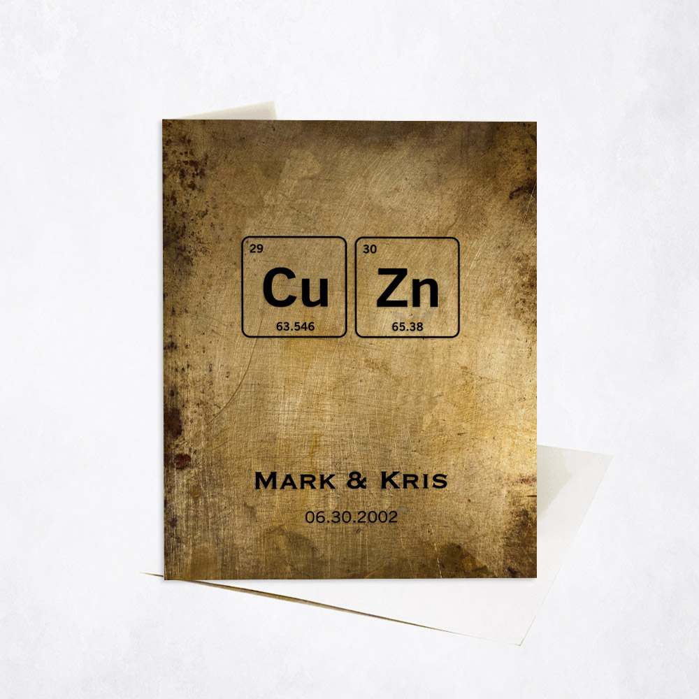 Picture of Brass = Copper + Zinc Custom Element Symbols From Periodic Table 21st anniversary Stationery Card C-1916