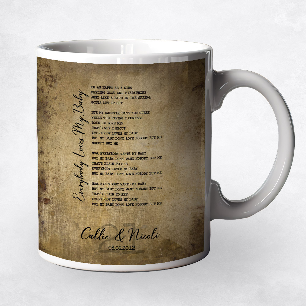 Closeup image of First Dance Song Title Brass 21st anniversary Coffee Mug M-1920