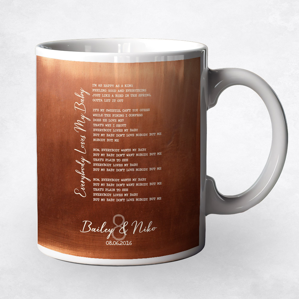 Closeup image of First Dance Song Title Copper 7th anniversary Coffee Mug M-1921