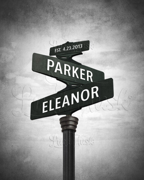 Signpost Lovers Crossroads, Road Signs, Couple Names, 1 Year Anniversary, Black and White, Paper Anniversary Gift, Dark, Street Signs #1932