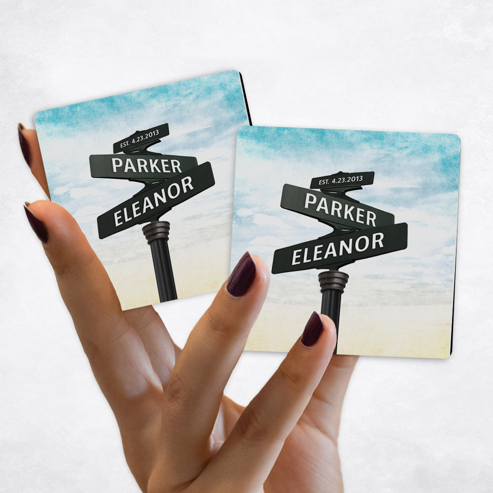 Close up picture of 1st anniversary Couples Color Established Street Signs on Blue Sky Magnet Set MAG-1932