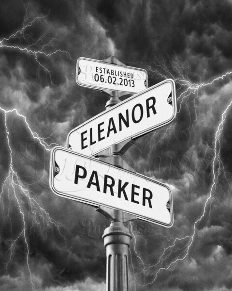 Signpost Lovers Crossroads, Stormy Sky, Road Signs, Couple Names, Personalized Anniversary Gift, Black and White, Dark, Street Signs #1932