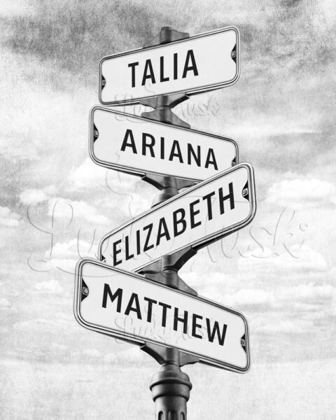 Childrens Names, Family Members, 4 Signs Signpost, Road Signs, Kids Names, Black and White, Family Gift, Light, Street Signs #1938