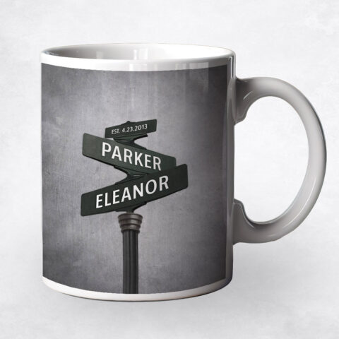 Gray and Black Couple Crossroads Established Street Sign Post Platinum 20th anniversary Coffee Mug M-1942