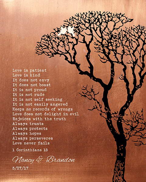 Read more about the article 7th Annivesary Traditional Copper Bare Tree Corinthians – Custom Art Print for Nancy N