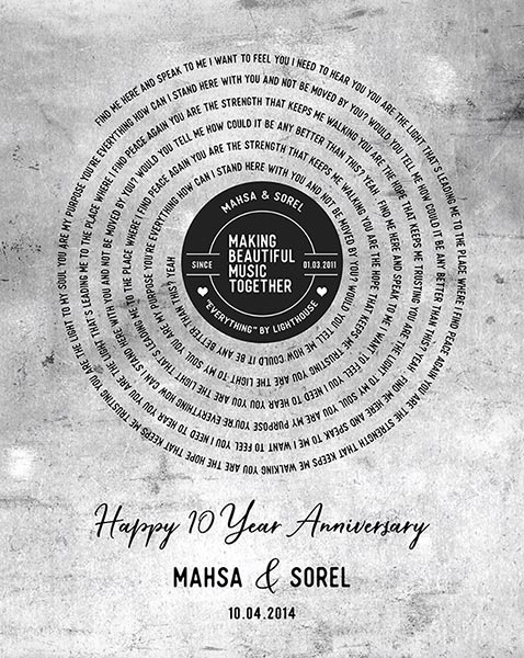 Read more about the article Wedding Song Lyrics on Tin Vinyl Record Label 10 year Anniversary – Custom Art Print for Sorel V